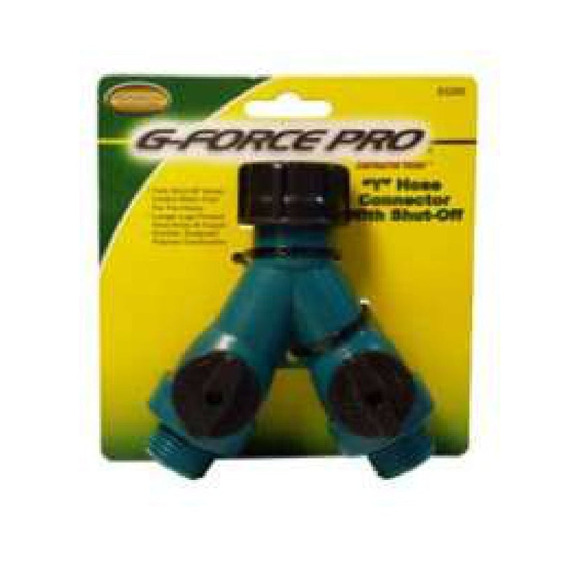 A G FORCE 53200 Heavy Duty Poly Y Hose Connector with shut-off valve, carded, is shown in packaging featuring yellow and green colors.